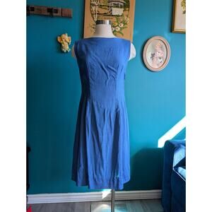 Vintage 1960s linen blend boat neck sheath dress in blue